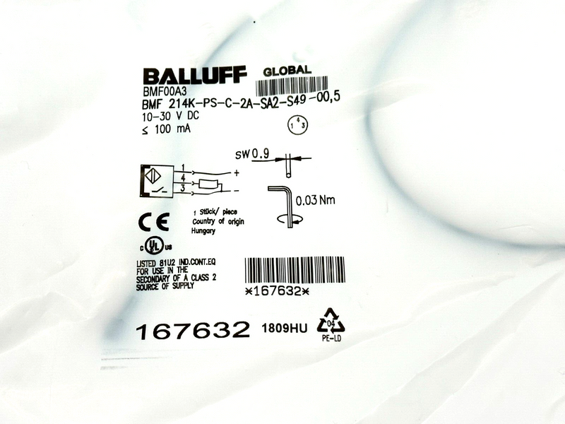 Balluff BMF 214K-PS-C-2A-SA2-S49-00,5 Proximity Switch Sensor BMF00A3 - Maverick Industrial Sales