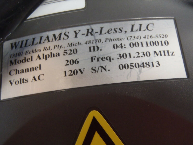 Williams Y-R-Less Wireless Alpha 520 Channel 206 120V 00504813 Remote - Maverick Industrial Sales