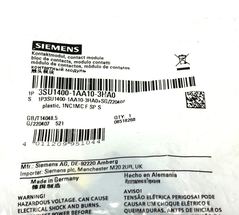 Siemens 3SU1400-1AA10-3HA0 Contact Module Spring-Loaded Terminals - Maverick Industrial Sales