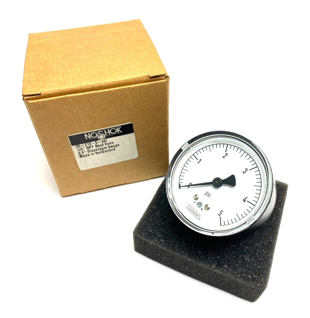 NoShok 25-210-5-PSI Diaphragm Gauge 2.5" Face 1/4" NPT Back Connector Black Body - Maverick Industrial Sales