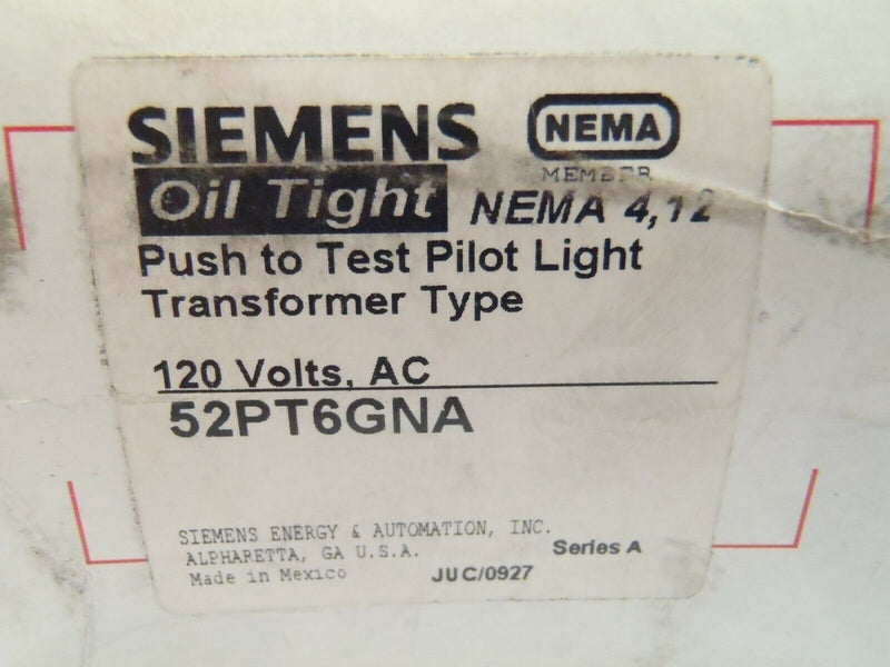 Siemens 52PT6GNA Oil Tight Push to Test Pilot Light Transformer Type 120V - Maverick Industrial Sales