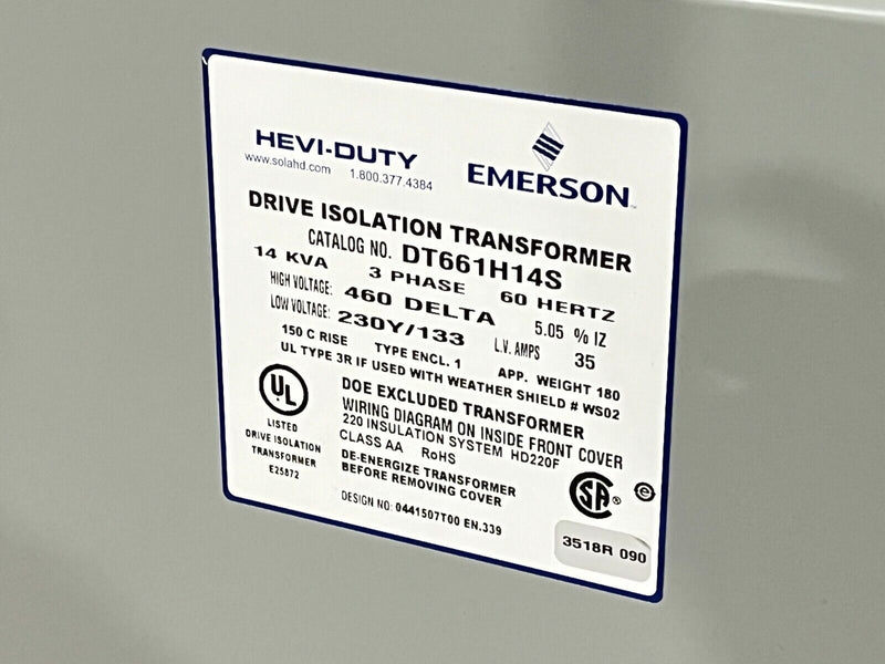 Emerson DT661H14S Sola Hevi-Duty Drive Isolation Transformer 14KVA 460D-230Y 3PH - Maverick Industrial Sales