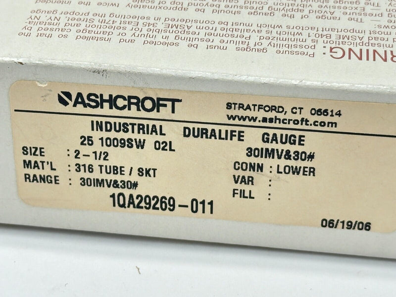 Ashcroft 1QA29269-011 Industrial Duralife Gauge 30IMV&30