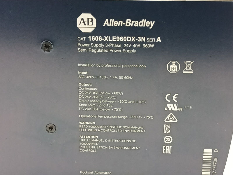 Allen Bradley 1606-XLE960DX-3N Ser A Power Supply 480VAC Input 24VDC Output 3PH - Maverick Industrial Sales