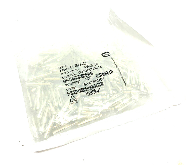 Harting 09330006214 Han E BU-C Crimp Connector AWG 18 LOT OF 100 - Maverick Industrial Sales