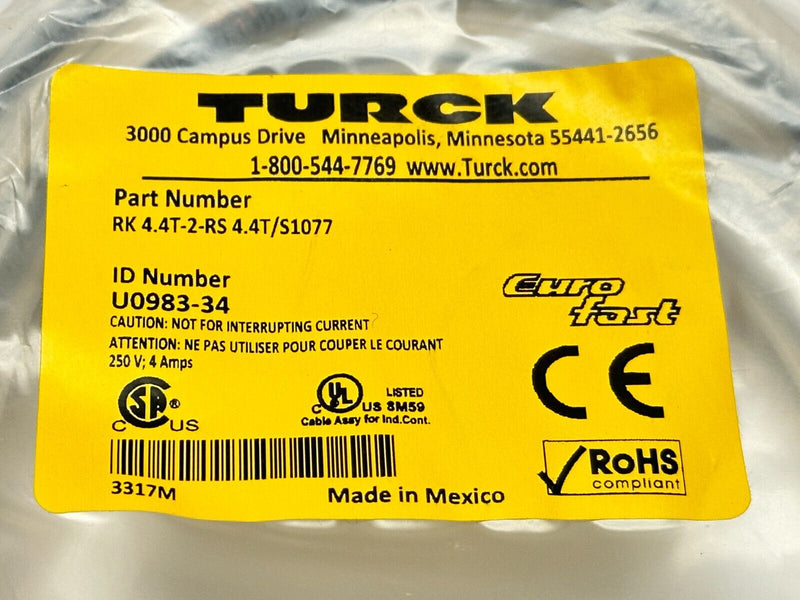 Turck RK 4.4T-2-RS 4.4T/S1077 Eurofast Molded Cordset M12 M/F 5/4-Pin U0983-34 - Maverick Industrial Sales