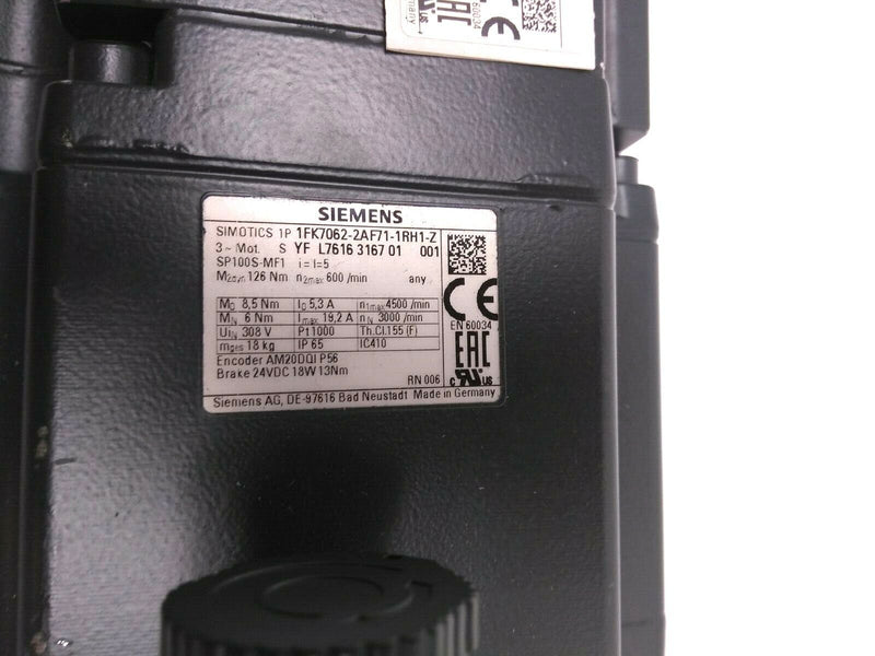 Siemens 1FK7062-AF71-1RH1-Z Simotics S Synchronous 3000 rpm Motor / SP100S-MF1 - Maverick Industrial Sales