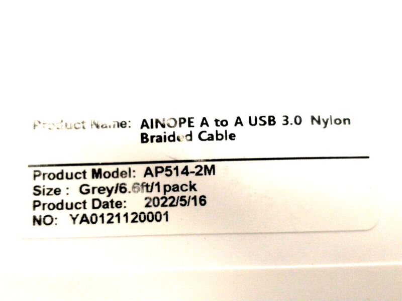 AINOPE AP514-2M USB 3.0 A To A Nylon Braided Cable, Grey, 6.6FT LOT OF 5 - Maverick Industrial Sales