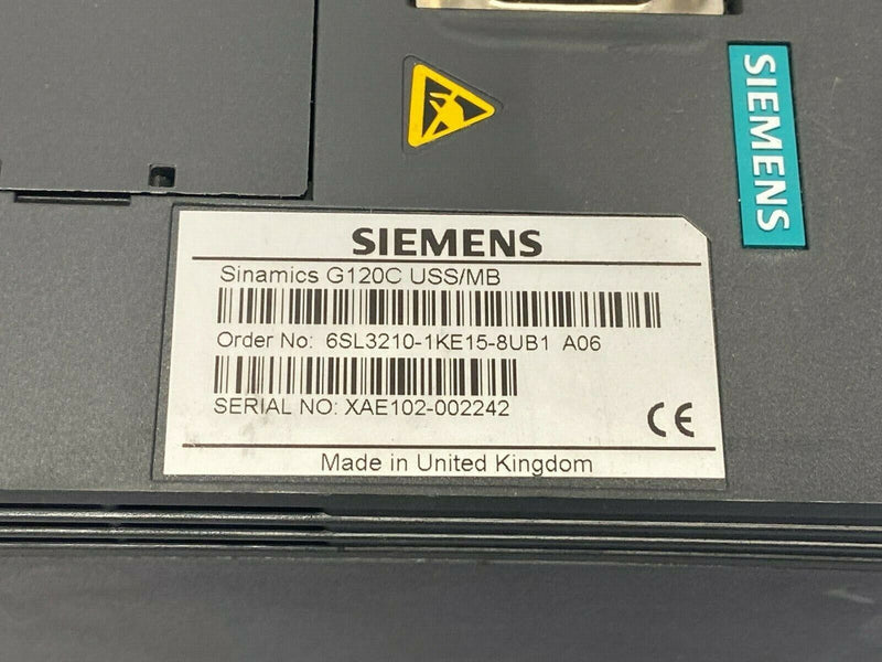 Siemens 6SL3210-1KE15-8UB1 A06 Sinamics Inverter Drive G120C USS/MB - Maverick Industrial Sales