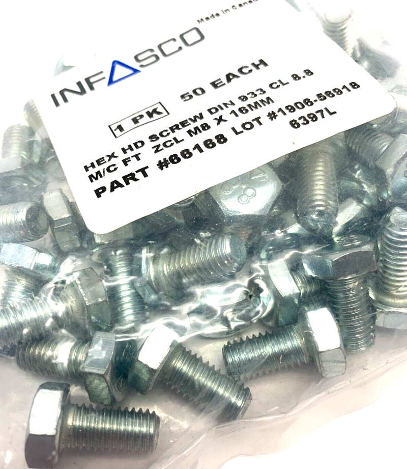 Infasco 66168 Hex Head Screw DIN 933 CL 8.8 ZCL M8x16MM PACK OF 50 - Maverick Industrial Sales