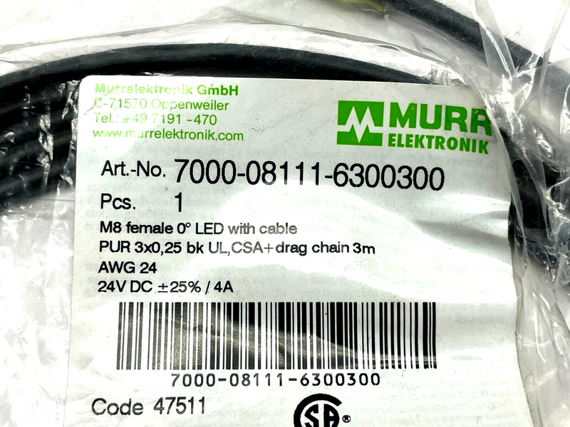 Murr Elektronik 7000-08111-6300300 Cordset M8 Female Connector 3m Length - Maverick Industrial Sales