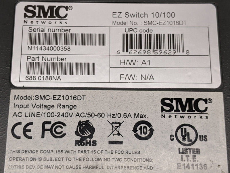 SMC E-1016DT EZ Switch 10/100 Ethernet Switch 688.0188NA - Maverick Industrial Sales