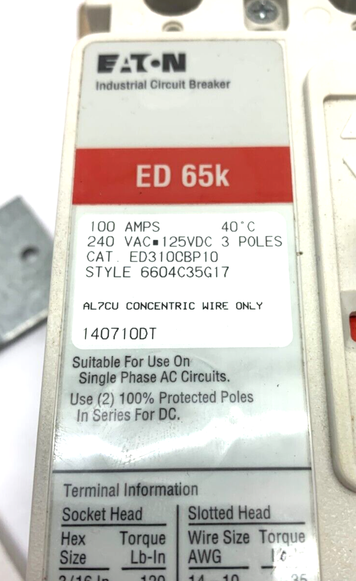 Eaton ED310CBP10 Circuit Breaker 3-Poles ED 65k 240VAC 125VDC w/ Enclosure Mount - Maverick Industrial Sales