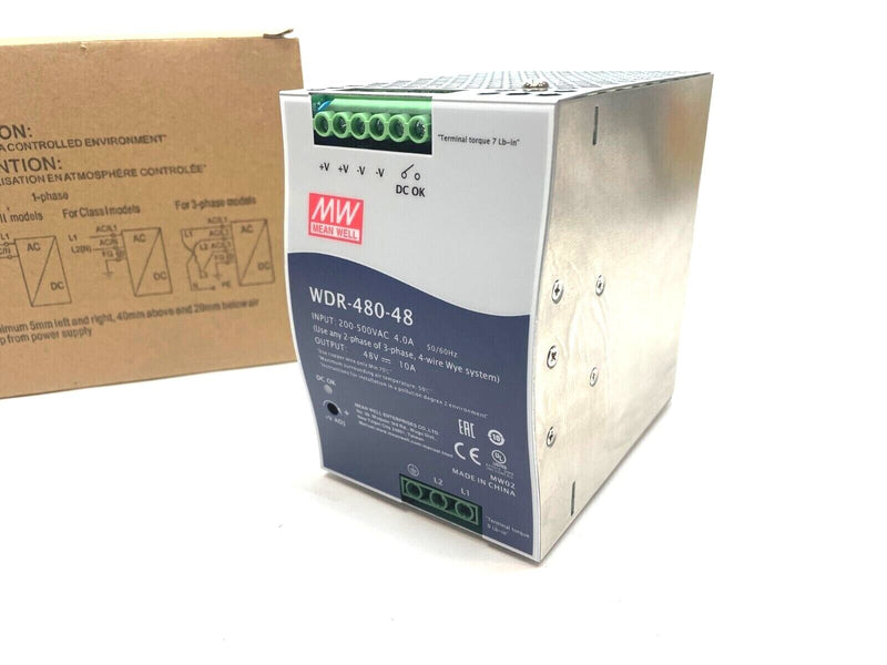 Mean Well WDR-480-48 Industrial Power Supply, 48V DC, 10A, DIN Rail Mount - Maverick Industrial Sales
