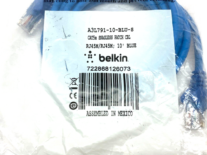 Belkin A3L791-10-BLU-S Snagless Cat5 Patch Cable RJ45 to RJ45 10' Length Blue - Maverick Industrial Sales