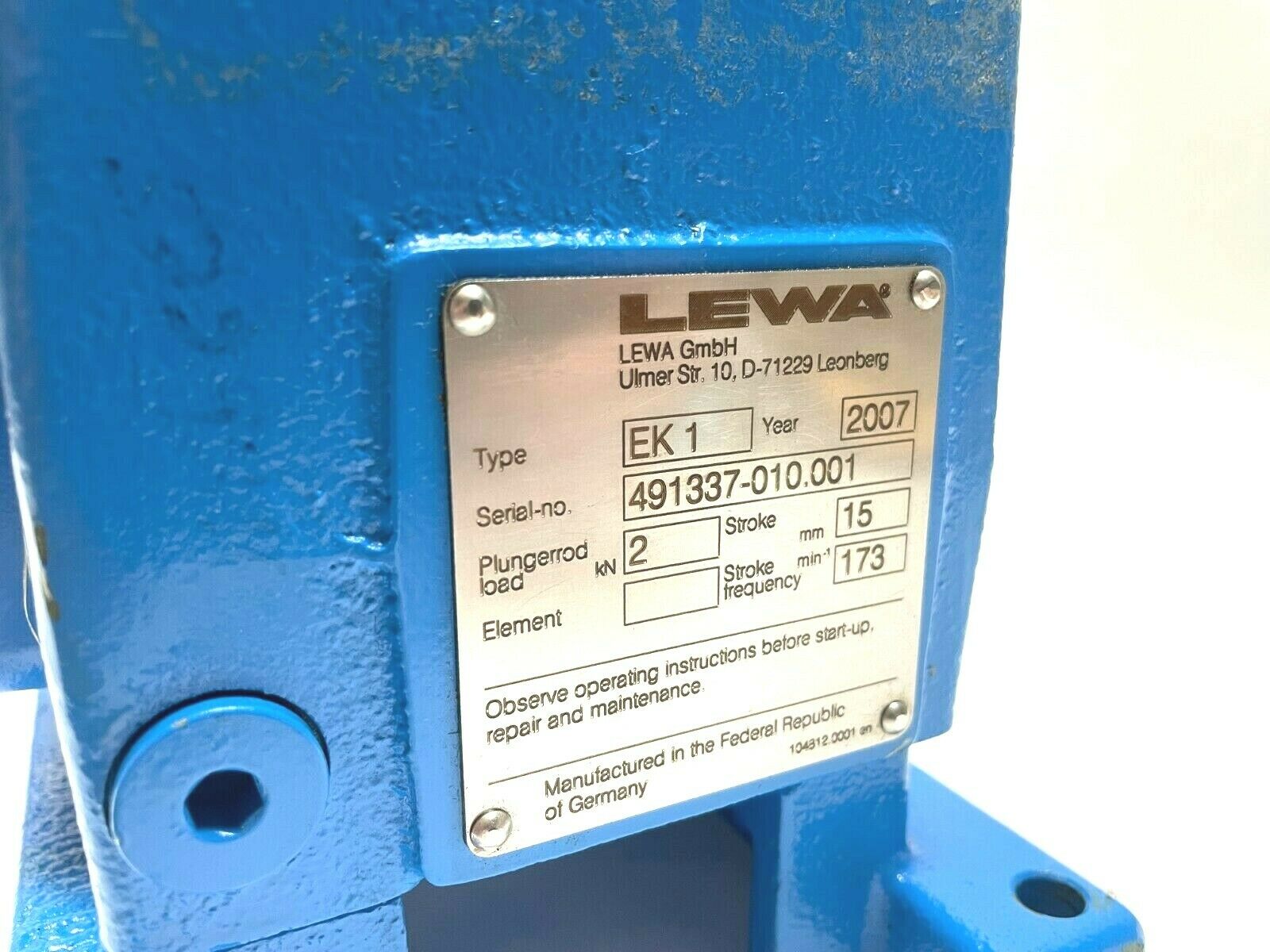 Lewa EK1 Ecoflow Diaphragm Metering Dosing Pump, 15mm Stroke, 2 kN Thrust (2007) - Maverick Industrial Sales