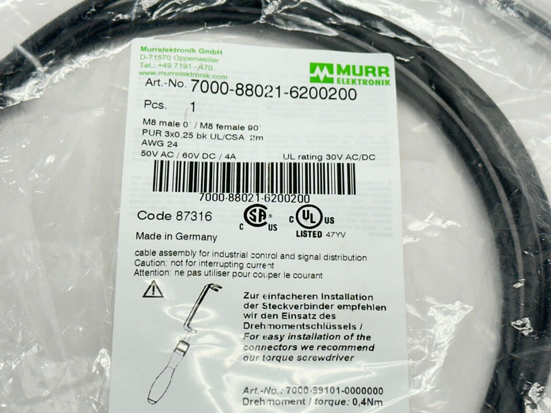 Murr Elektronik 7000-88021-6200200 Cordset M8 Male 3-Pin - M8 Female 3-Pin 2m - Maverick Industrial Sales