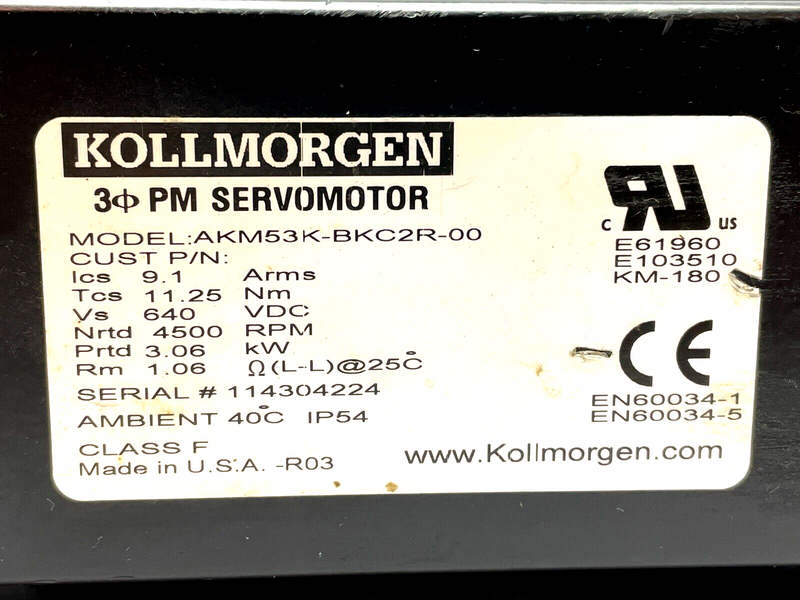 Kollmorgen AKM53K-BKC2R-00 Servo Motor 4500RPM 640VDC 3.06kW - Maverick Industrial Sales