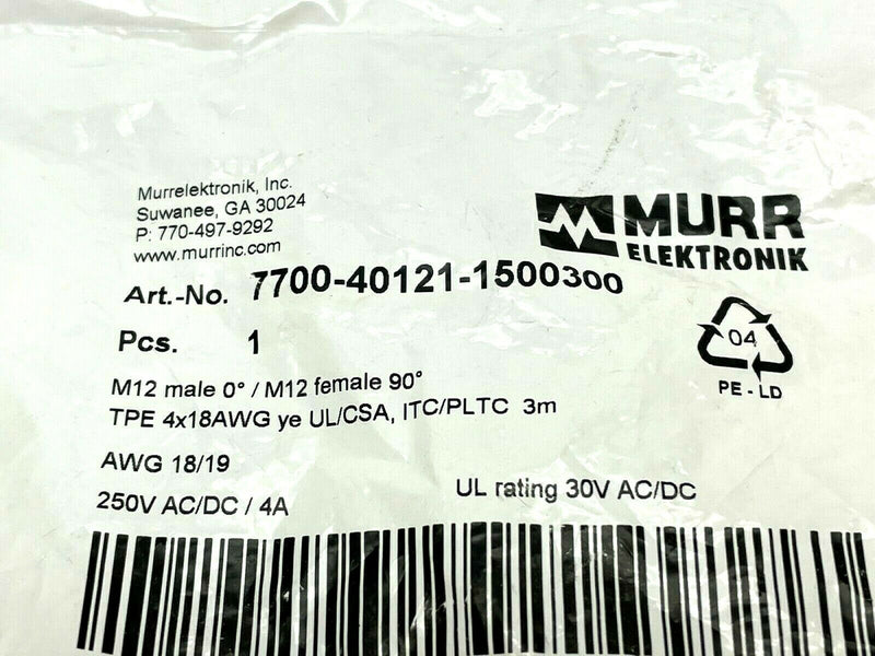 Murr Elektronik 7700-40121-1500300 Cordset M12 Male M12 Female 90 Degree 3m L - Maverick Industrial Sales