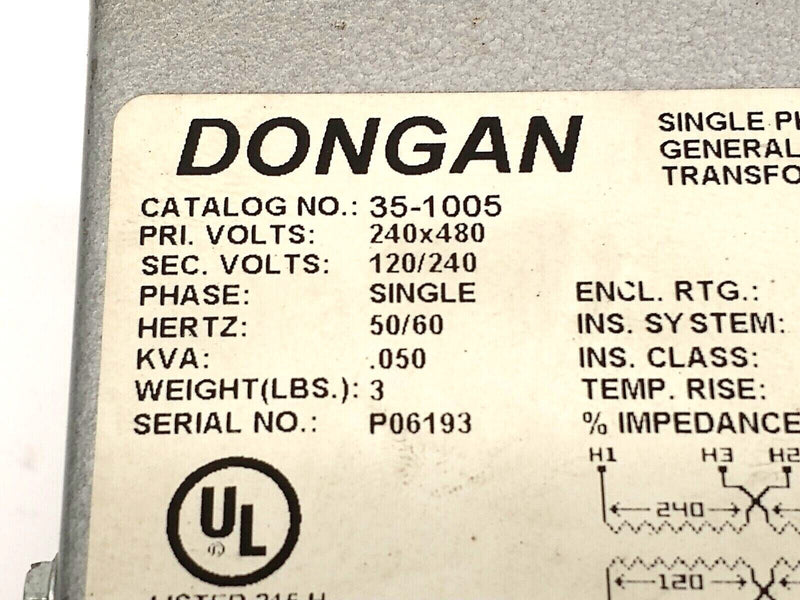 Dongan 35-1005 General Purpose Transformer 1PH 240x480V 120/240V .050kVA - Maverick Industrial Sales