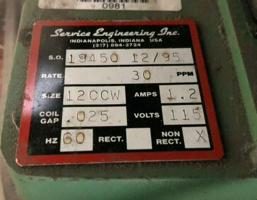 Service Engineering 12CCW Vibratory Bowl Feeder, 30 ppm, 115V, 12" - Maverick Industrial Sales