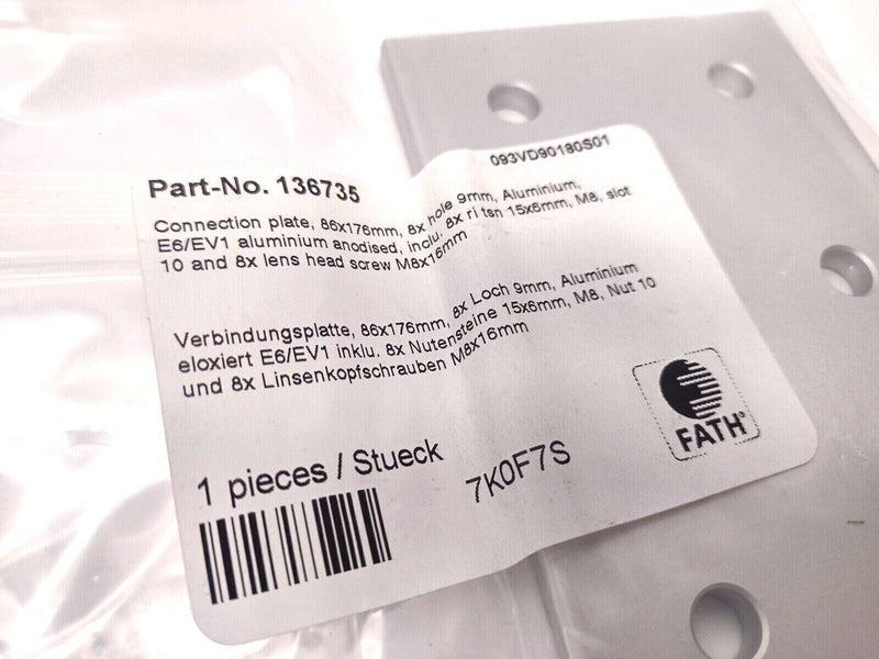 FATH 093VD90180 Connection Plate 86x176mm 8 Hole Aluminum 45 Series 136735 - Maverick Industrial Sales
