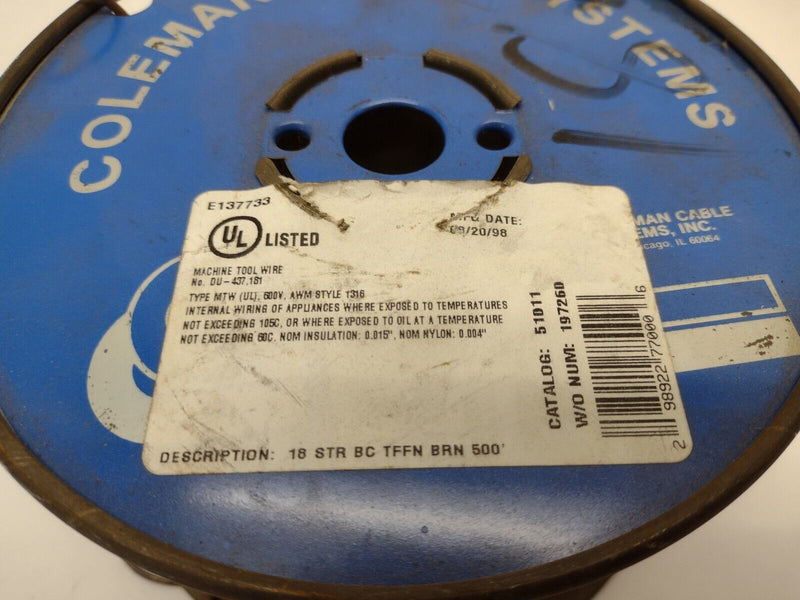 Coleman Cable 51D11 18 AWG Brown MTW 600V 1316 18STR BC TFFN, 3 lb Spool - Maverick Industrial Sales