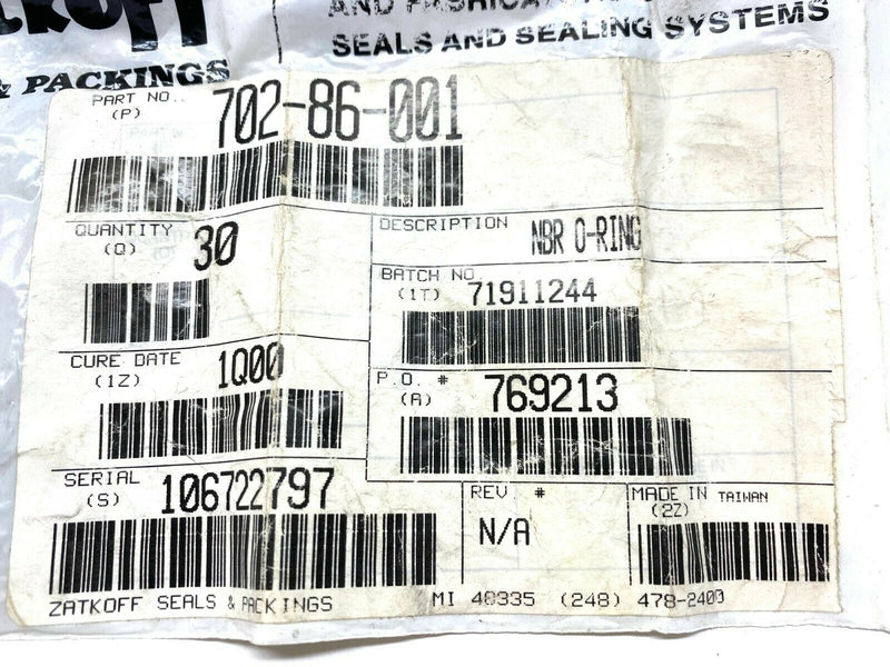 Zatkoff Seals & Packaging 702-86-001 NBR O-Ring LOT OF 30 Cure Date 1Q00 - Maverick Industrial Sales