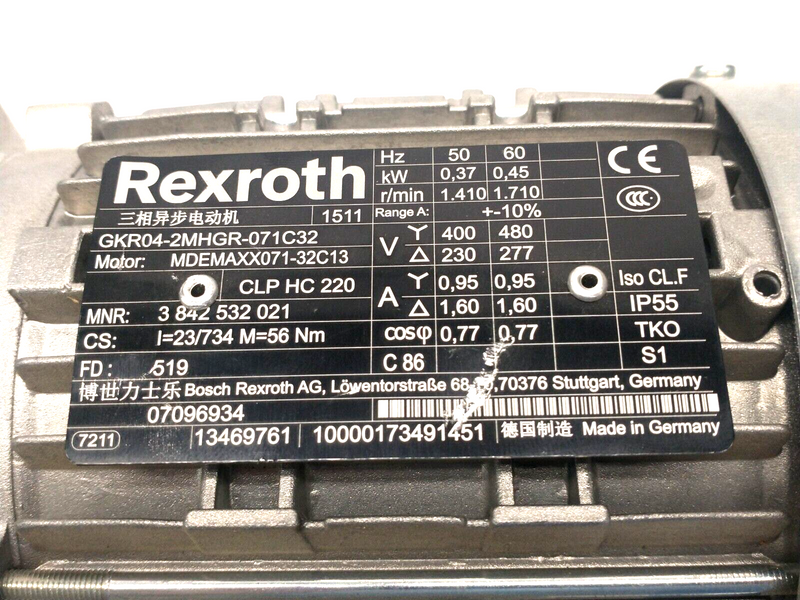 Bosch Rexroth 3842532021 Gearmotor MDEMAXX071-32C13 .45kW GKR04-2MHGR-071C32 - Maverick Industrial Sales