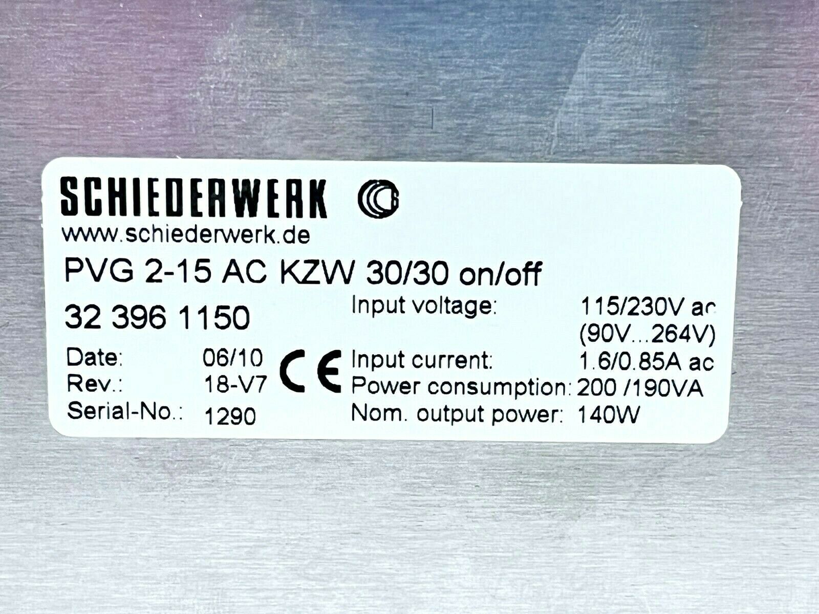 Schiederwerk 32 396 1150 Power Supply PVG 2-15 AC KZW 30/30 on/off 115/230VAC - For parts or not working - Maverick Industrial Sales