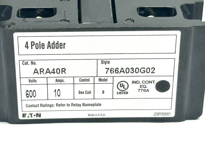 Eaton ARA40R 600V 10A Contact 4 Pole Adder 766A030G02 Model B - Maverick Industrial Sales