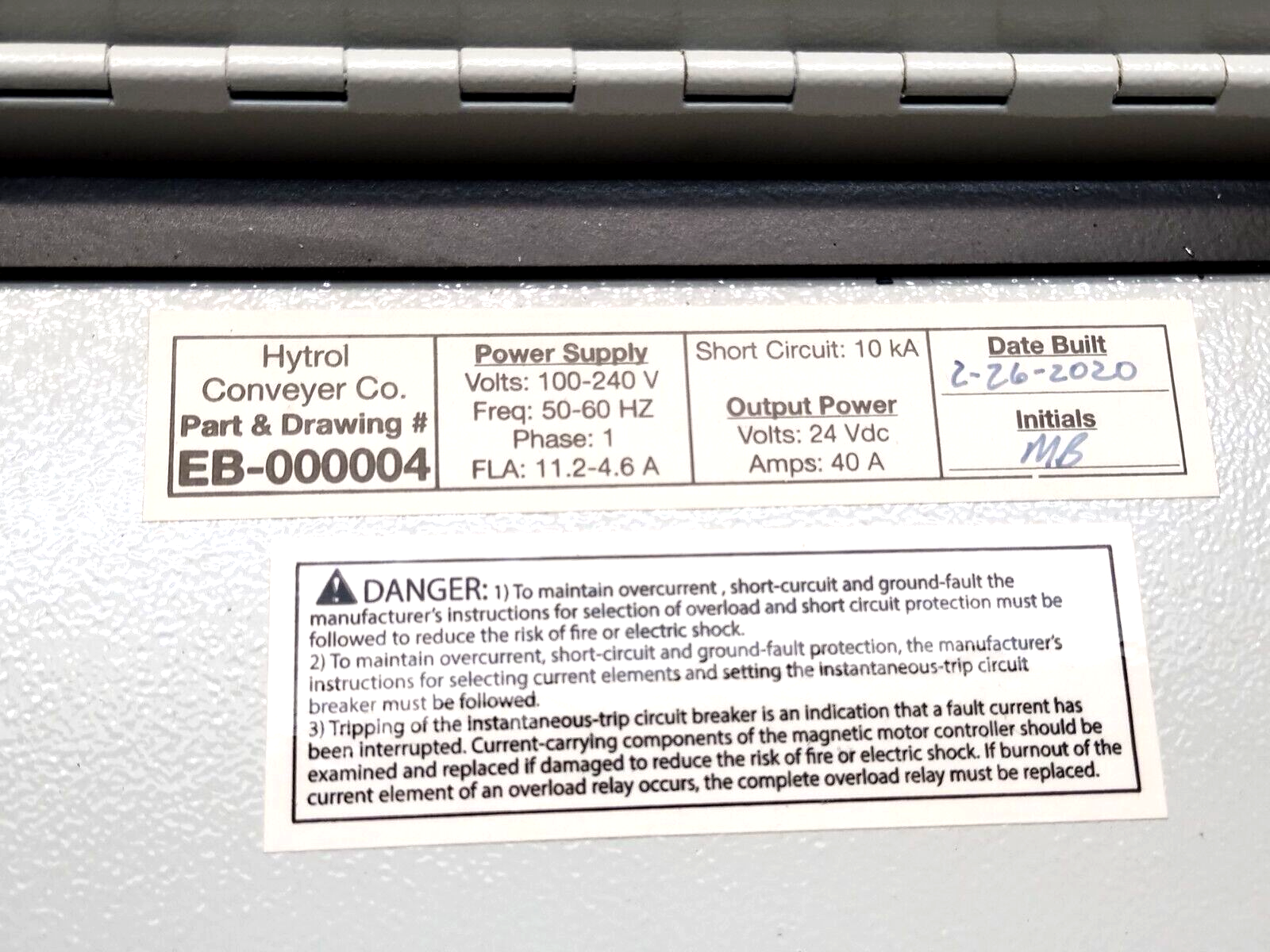 Hytrol EB-000004 Power Supply Box For Belt-Over Accumulating Conveyor 40A 115VAC - Maverick Industrial Sales