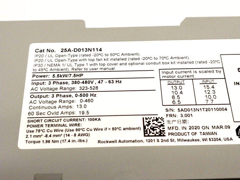 Allen Bradley 25A-D013N114 Ser. B PowerFlex 523 AC Drive 5.5kW 7.5HP 3PH 480V - Maverick Industrial Sales