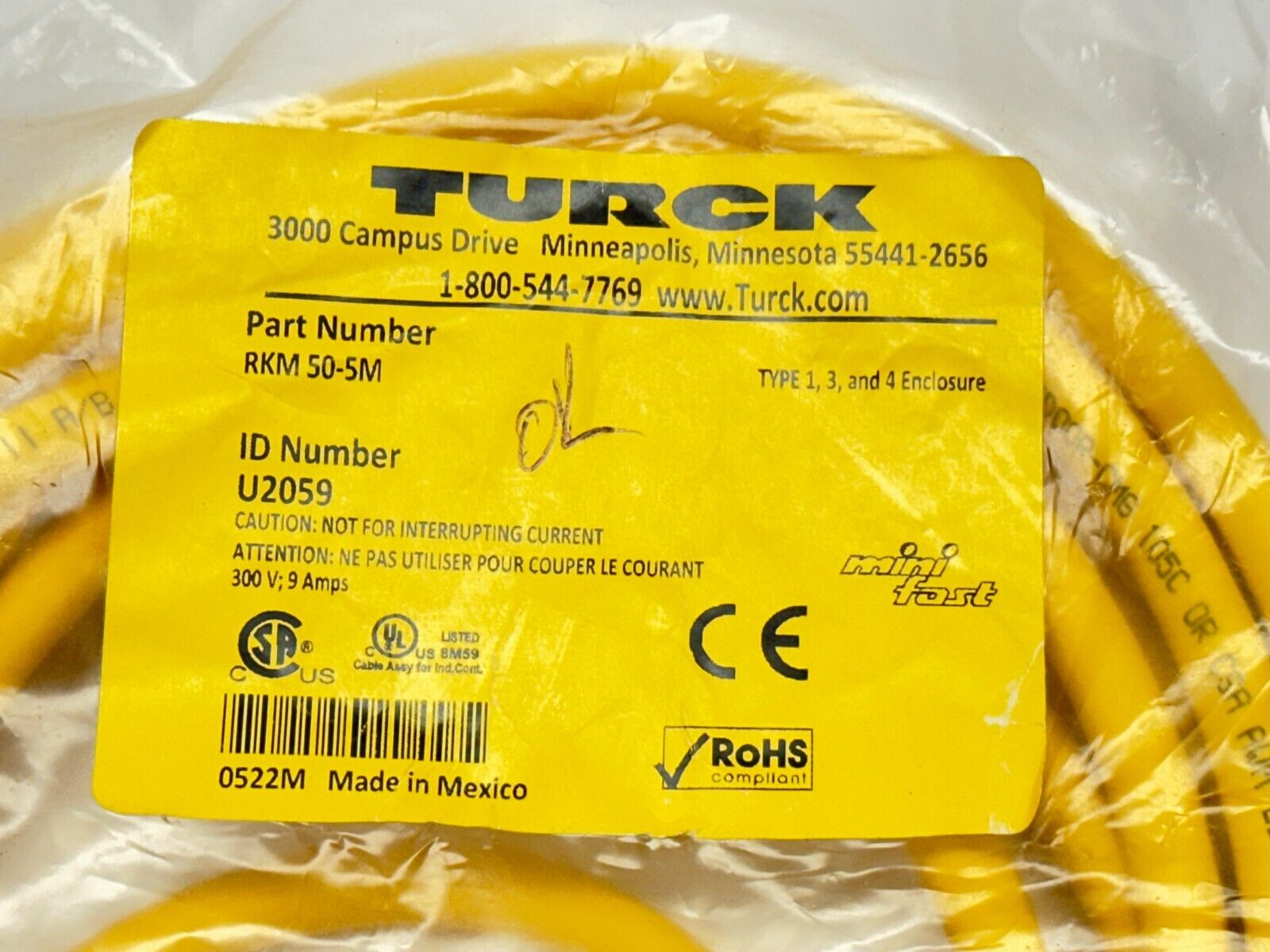 Turck RKM 50-5M Minifast Cordset F 7/8"-16 UN Connector 5m U2059 - Maverick Industrial Sales