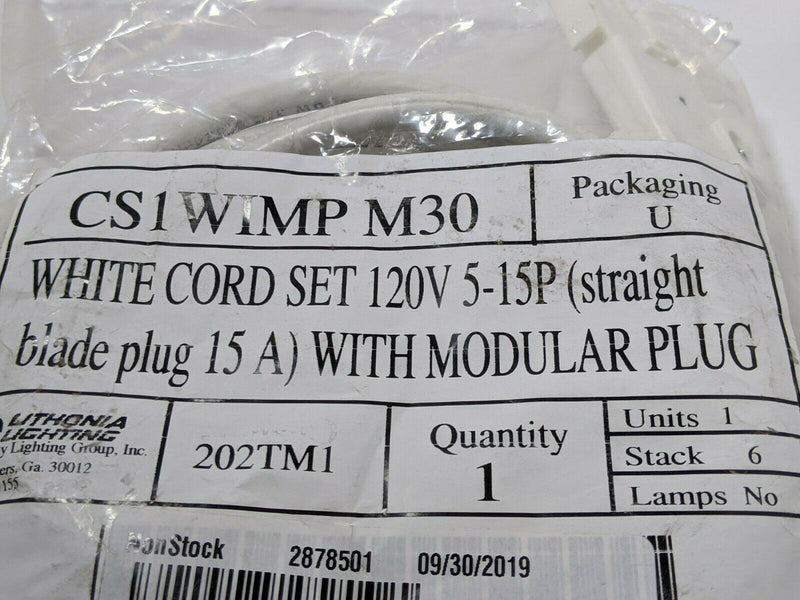 Lithonia Lighting CS1WIMP M30 White Cord Set 120V 5-15P Straight Blade Plug 15 - Maverick Industrial Sales