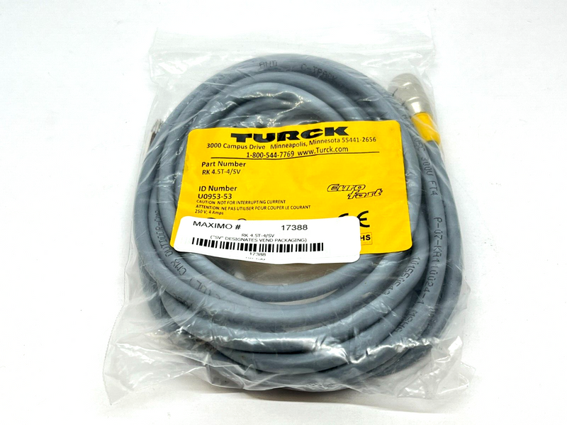 Turck RK 4.5T-4/SV Eurofast Cordset M12 4M Length U0953-53 - Maverick Industrial Sales