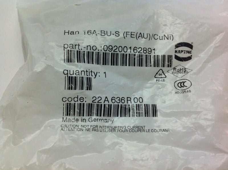 Harting Han 16A-BU-S (FE(AU)/CuNi) Heavy Duty Connector 09200162891 - Maverick Industrial Sales