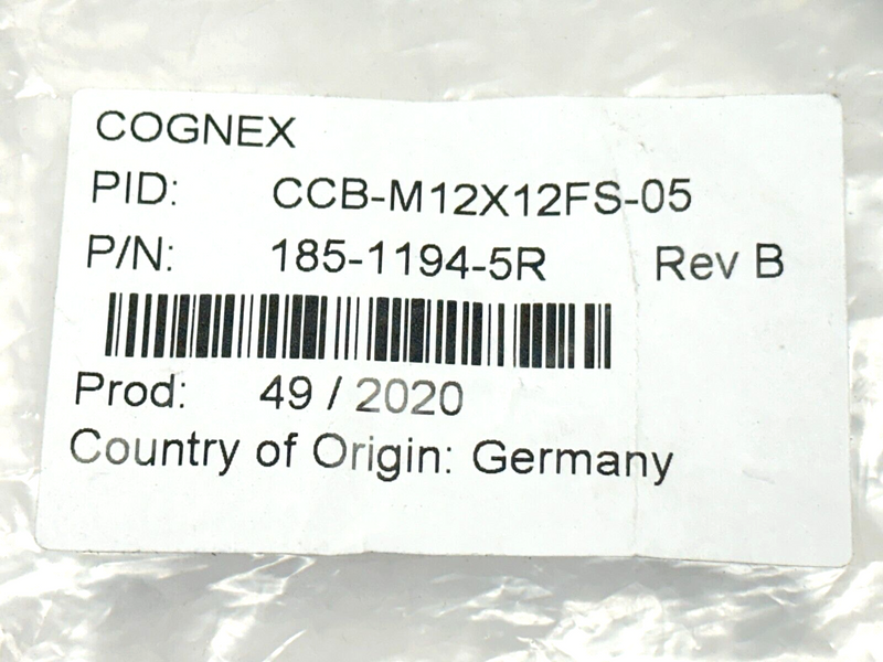 Cognex CCB-M12x12FS-05 REV B Single Ended Cordset 5m 185-1194-5R - Maverick Industrial Sales