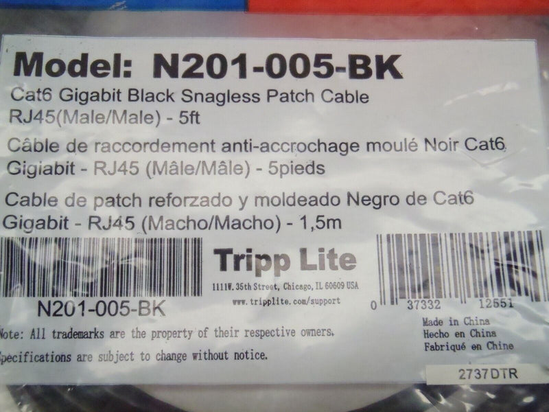 Tripp-Lite N201-005-BK Cat6 Snagless Patch Cable RJ45 Male/Male 5ft - Maverick Industrial Sales