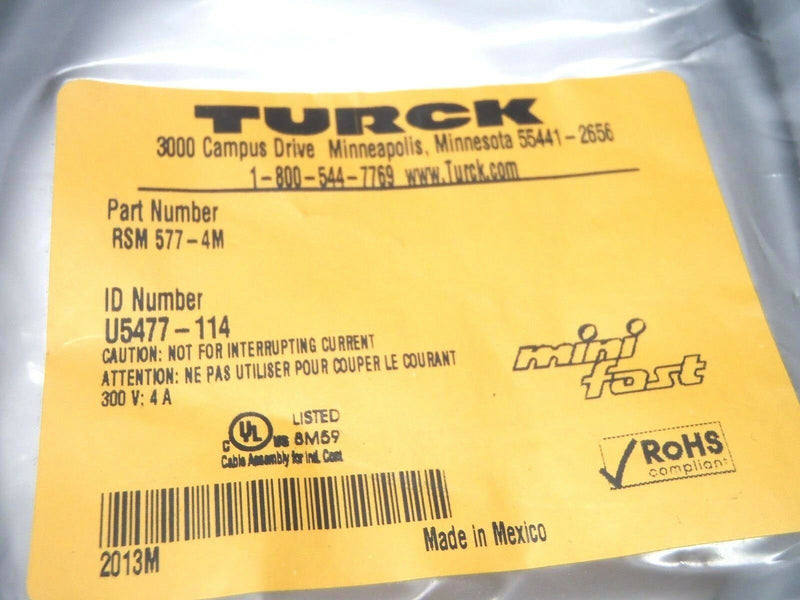 Turck RSM 577-4M Mini Fast Cordset U5477-114 Cable Connector - Maverick Industrial Sales