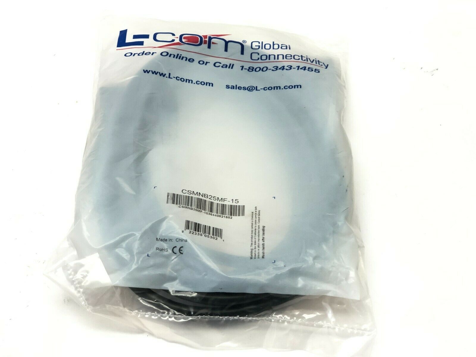 L-Com CSMNB25MF-15 Deluxe Molded Black D-Sub Cable DB25 Male/Female 15ft - Maverick Industrial Sales