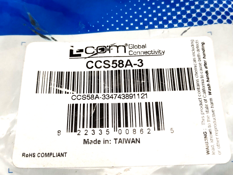 L-Com CCS58A-3 RG58C/U SMA Male Coaxial Cable Assembly 3FT - Maverick Industrial Sales