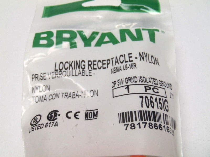 Bryant 70615IG Locking Receptacle Isolated Ground L6-15R - Maverick Industrial Sales