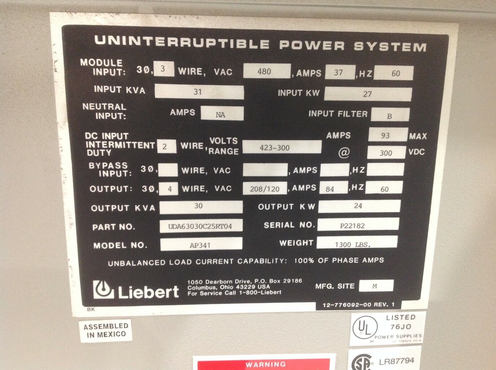 Liebert UDA63030C25RT04 AP341 Series Uninterupted Power Supply 480 VAC 37A 31KVA - Maverick Industrial Sales