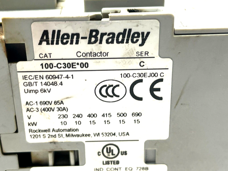 PLC Hardware: Allen-Bradley 100-C30EJ00 IEC Contactor, 3P, 30A