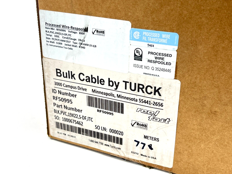 Turck BLK,PVC,19X22,S-DF,ITC Instrumentation Cable 100m - 10lb Remaining RF50995 - Maverick Industrial Sales