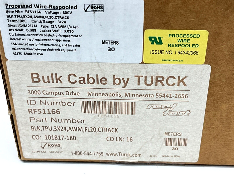 Turck BLK,TPU,3X24,AWM,FL20,CTRACK Reelfast Cable 3X24AWG 30 Meter Spool RF51166 - Maverick Industrial Sales