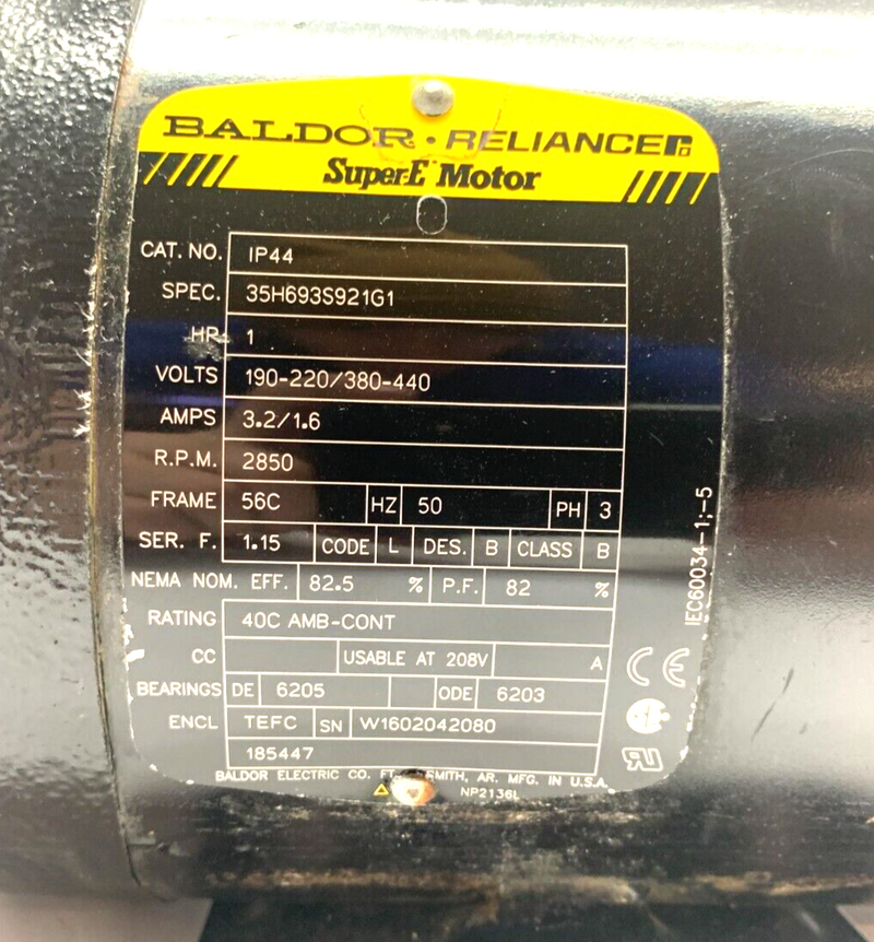 Baldor Reliance IP44 Super E Motor 2850 RPM Ser. F 1.15 Code L Des. B Class B - Maverick Industrial Sales