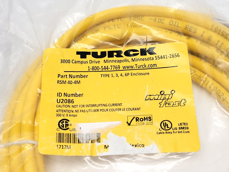 Turck RSM 40-4M Actuator and Sensor Minifast Male Single-Ended Cordset U2086 - Maverick Industrial Sales
