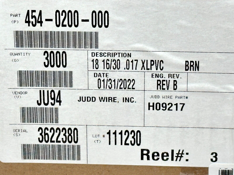 Judd Wire 454-0200-000 18AWG Style 1430 XLPVC H09217 3000ft Spool - Maverick Industrial Sales